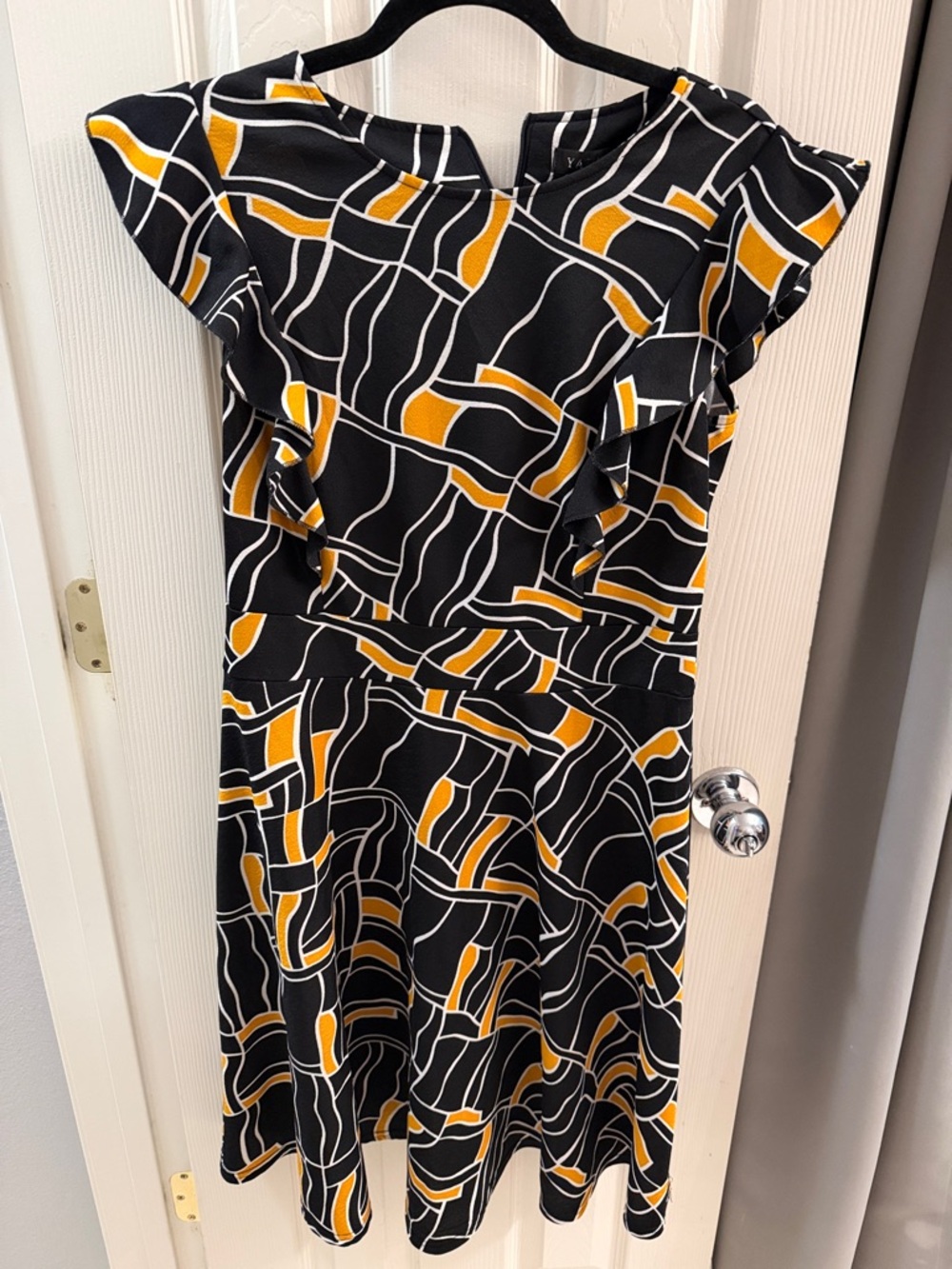 Black & Mustard Abstract Midi Dress with Ruffle Sleeves